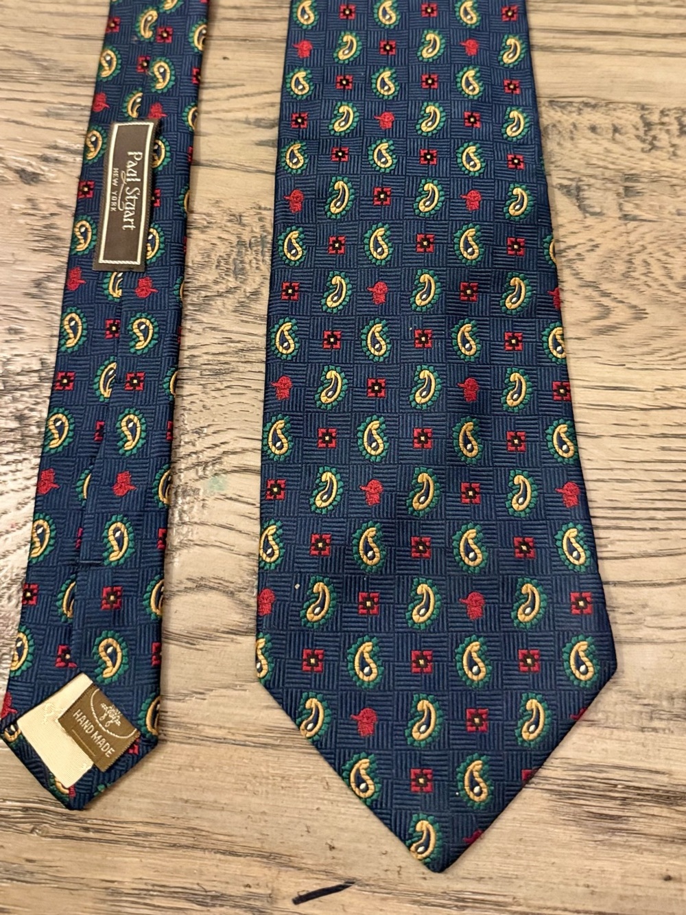 Paul Stuart Navy Silk Paisley Tie with Red and Yellow Accents